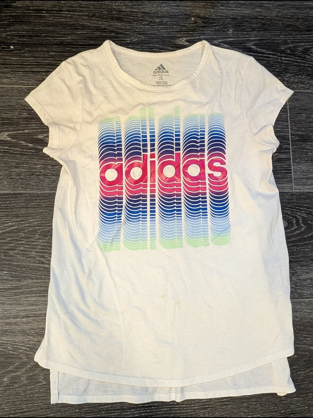 adidas White Tee with Pink & Blue Graphic